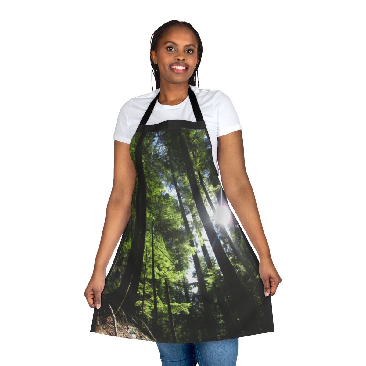 Apron featuring a peaceful landscape of fir trees in sunlight