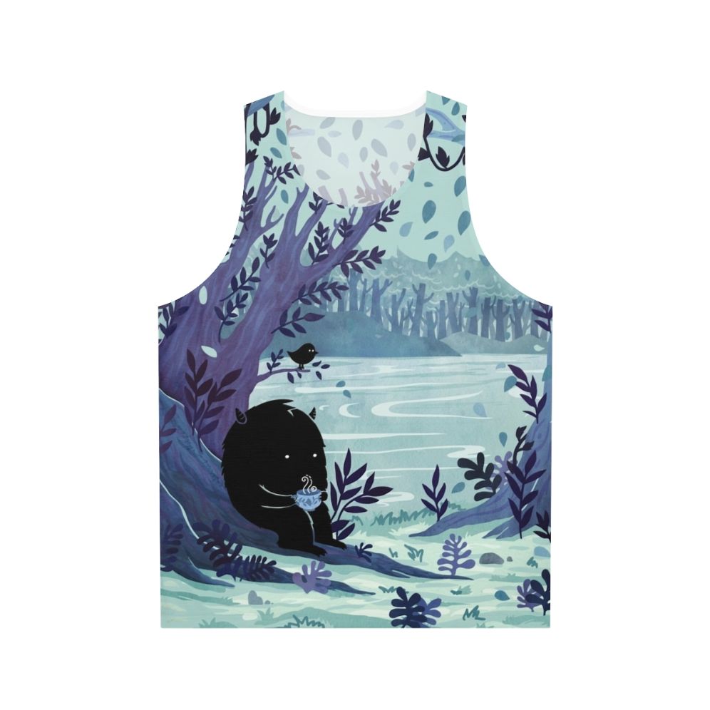 Unisex tank top featuring a peaceful nature landscape with woodland animals and a cup of tea in a watercolor style