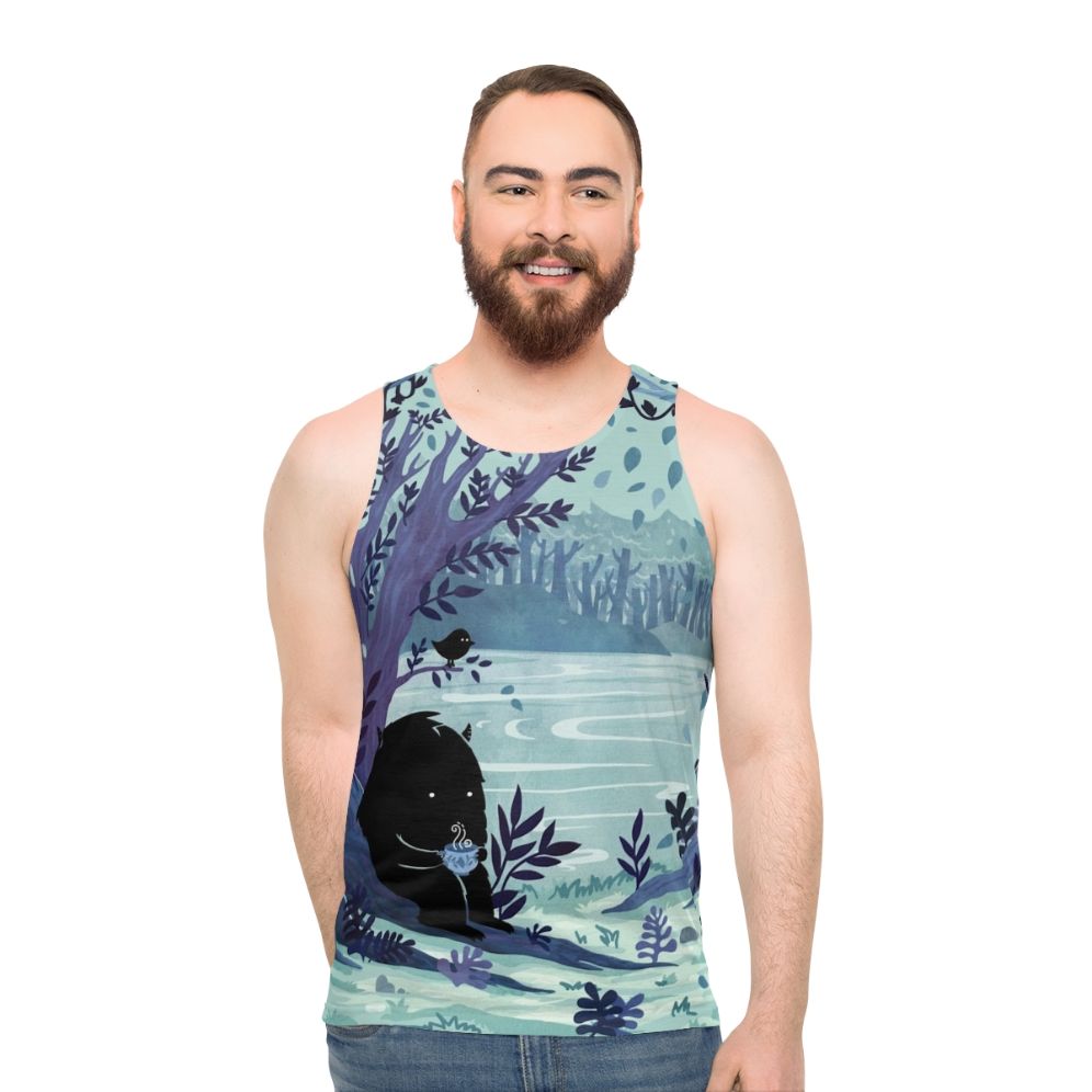 Unisex tank top featuring a peaceful nature landscape with woodland animals and a cup of tea in a watercolor style