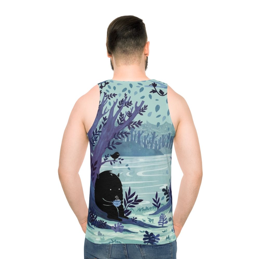 Unisex tank top featuring a peaceful nature landscape with woodland animals and a cup of tea in a watercolor style