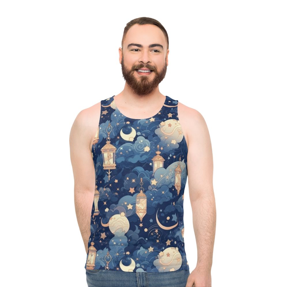 Unisex tank top with night sky and lantern design