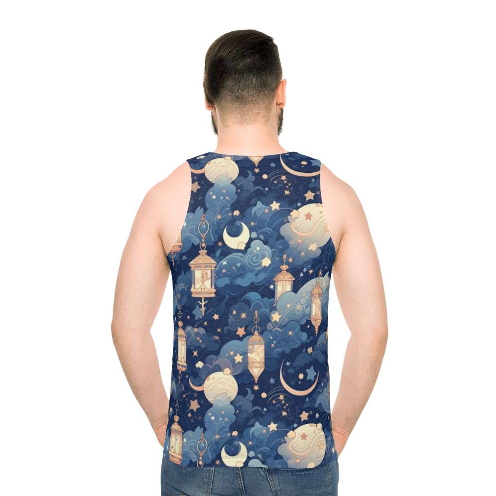 Unisex tank top with night sky and lantern design