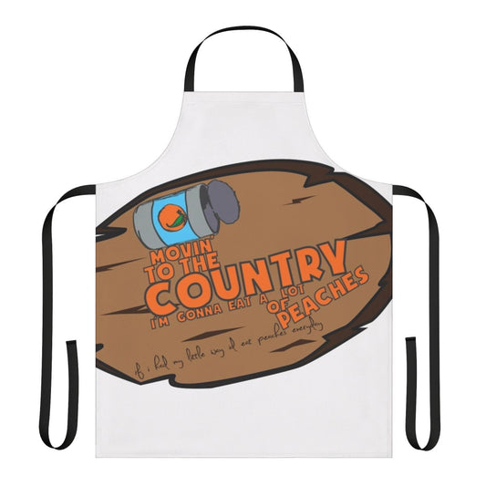 Peach-themed apron with 90s cartoon graphics