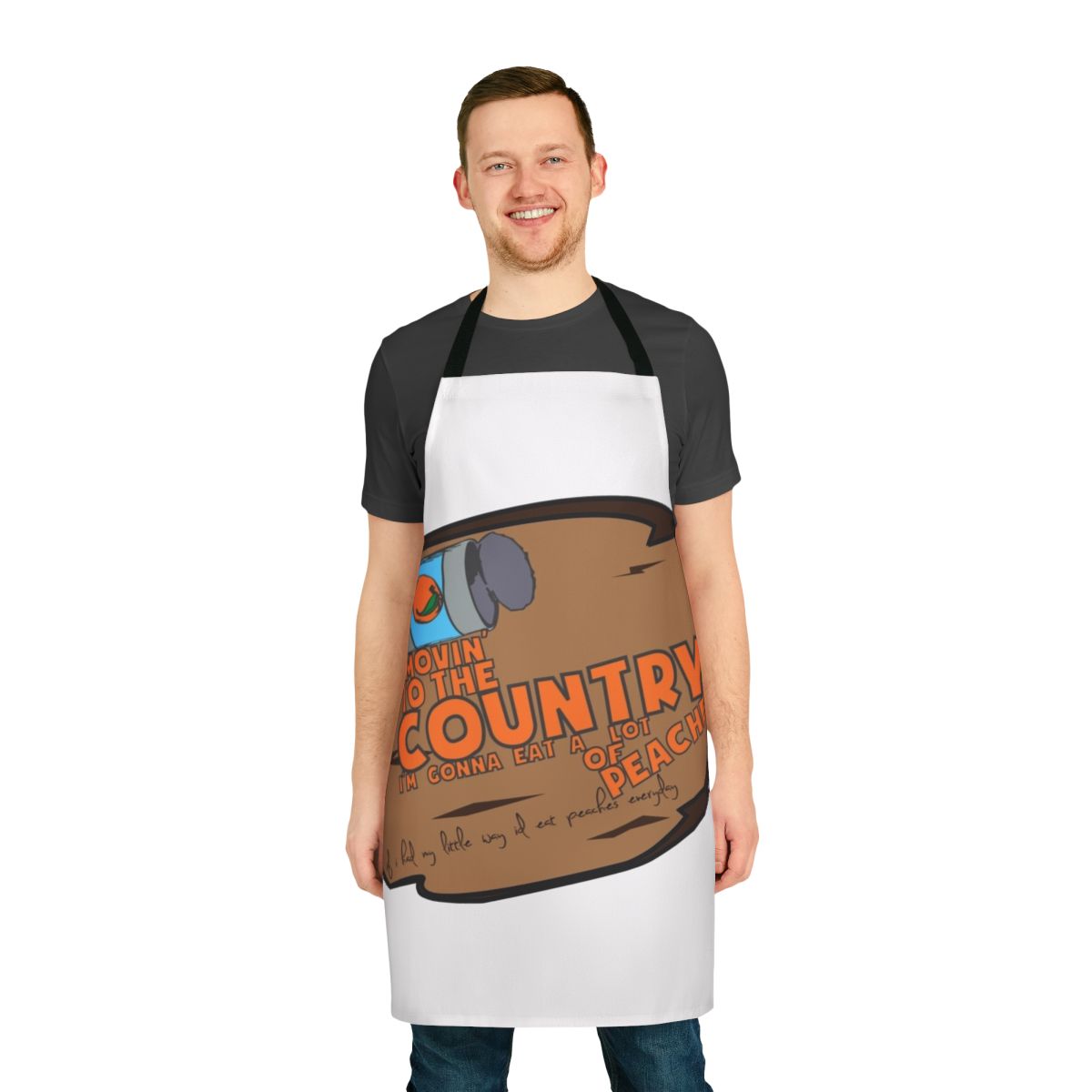 Peach-themed apron with 90s cartoon graphics