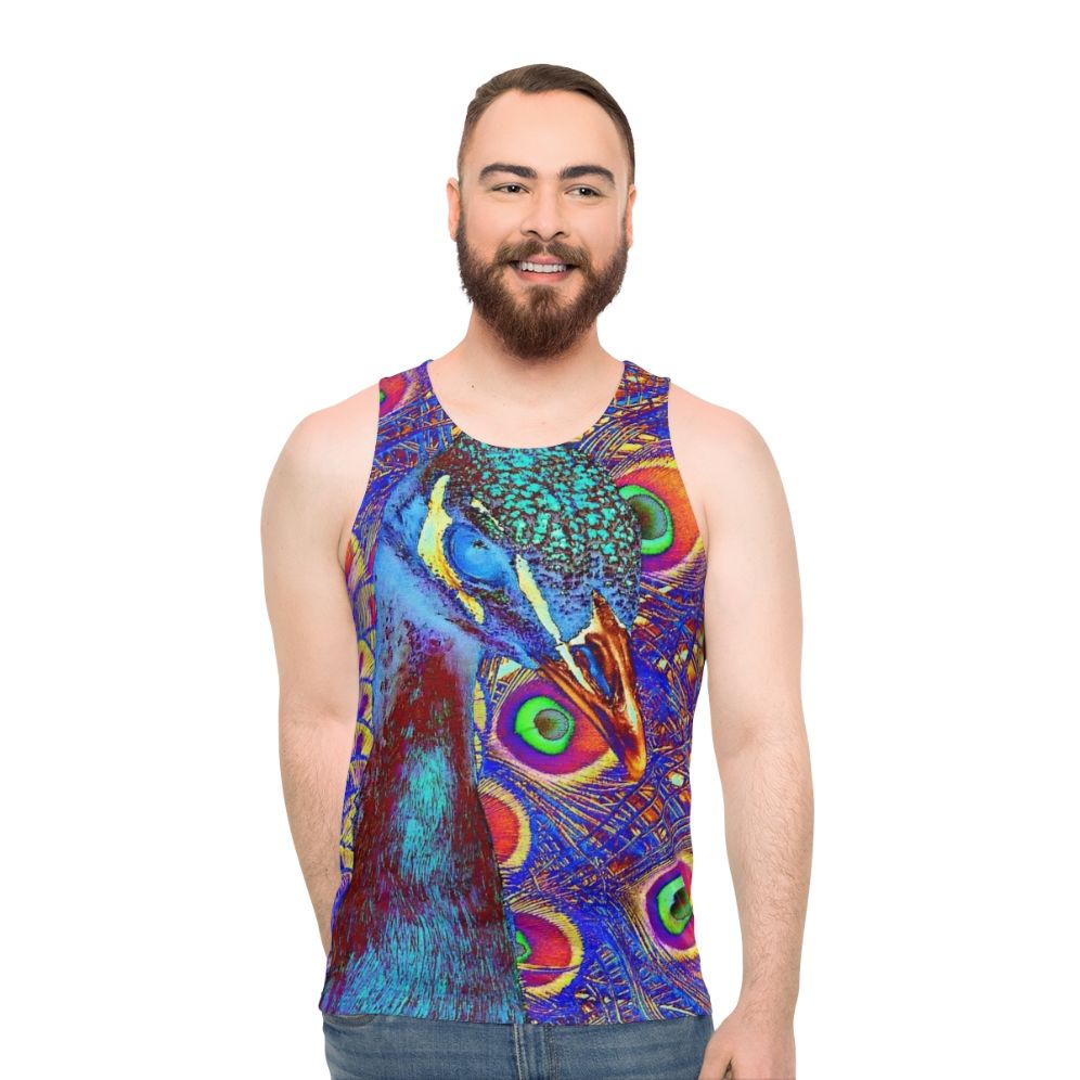 Peacock Unisex Tank Top featuring a colorful abstract peacock design
