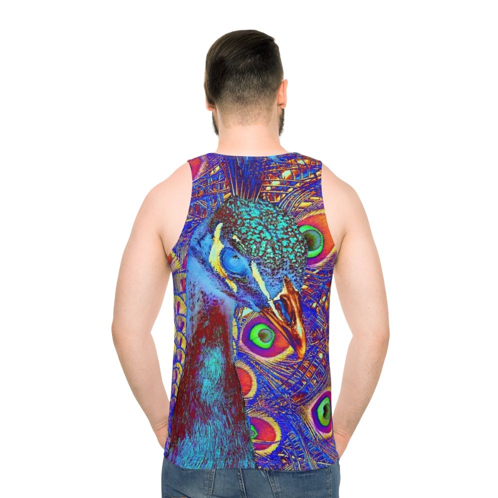 Peacock Unisex Tank Top featuring a colorful abstract peacock design