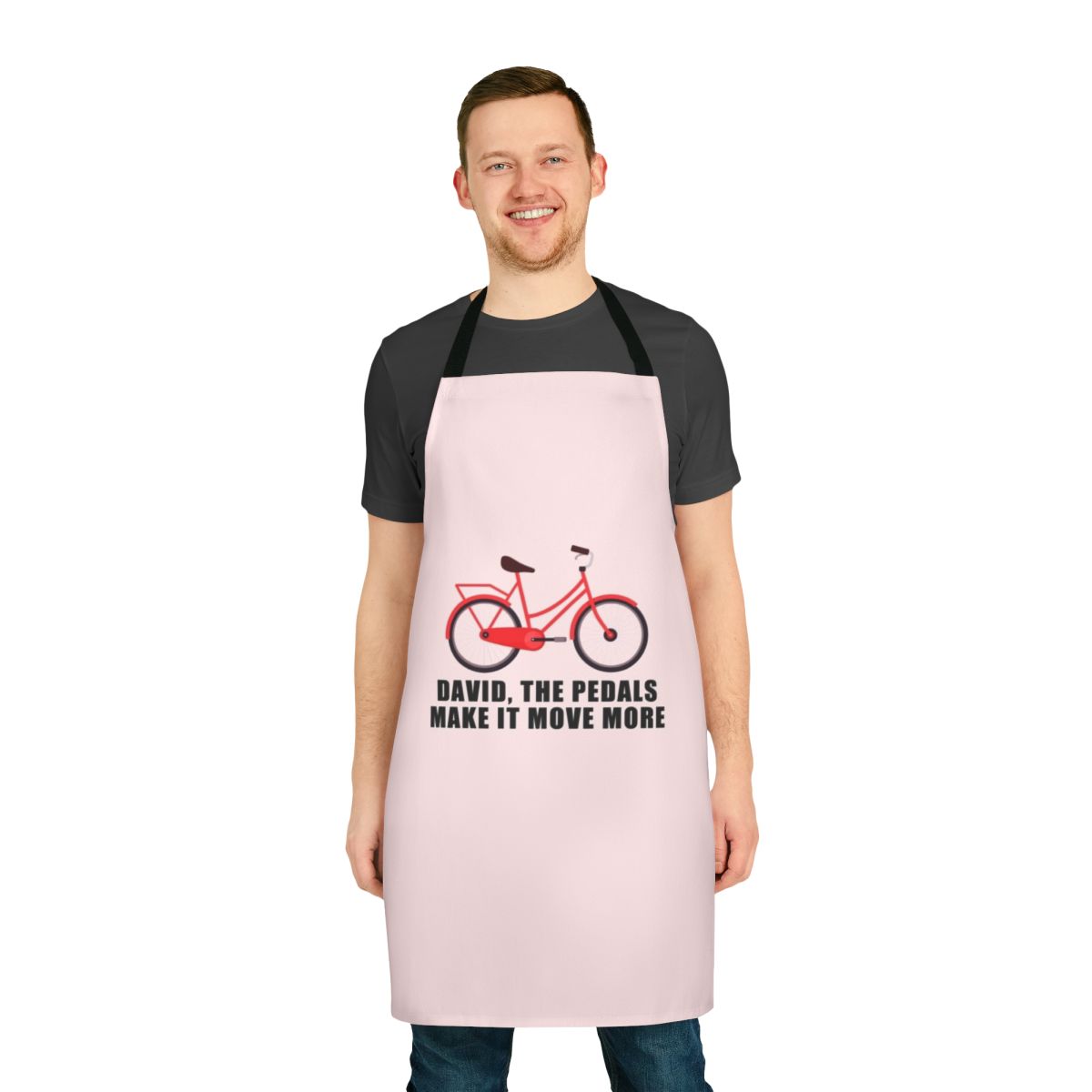Schitt's Creek-inspired apron with the phrase "The Pedals Make It Move More"