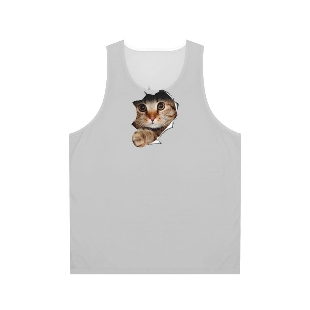 Peeping cat unisex tank top with a funny feline peeking out from wall