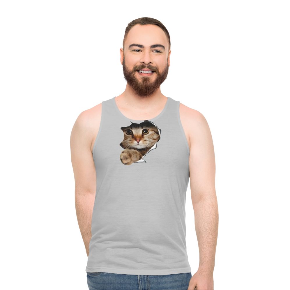 Peeping cat unisex tank top with a funny feline peeking out from wall