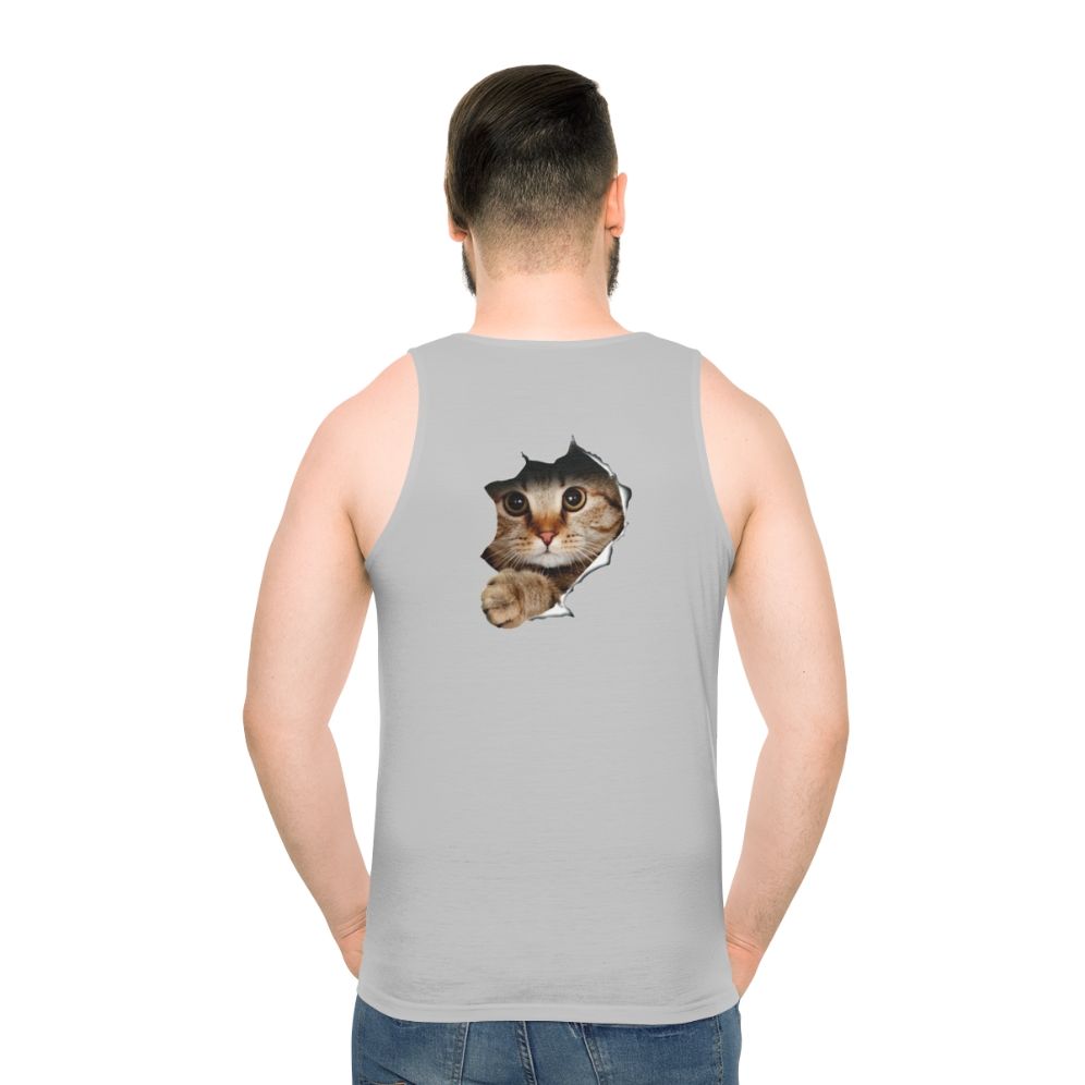 Peeping cat unisex tank top with a funny feline peeking out from wall
