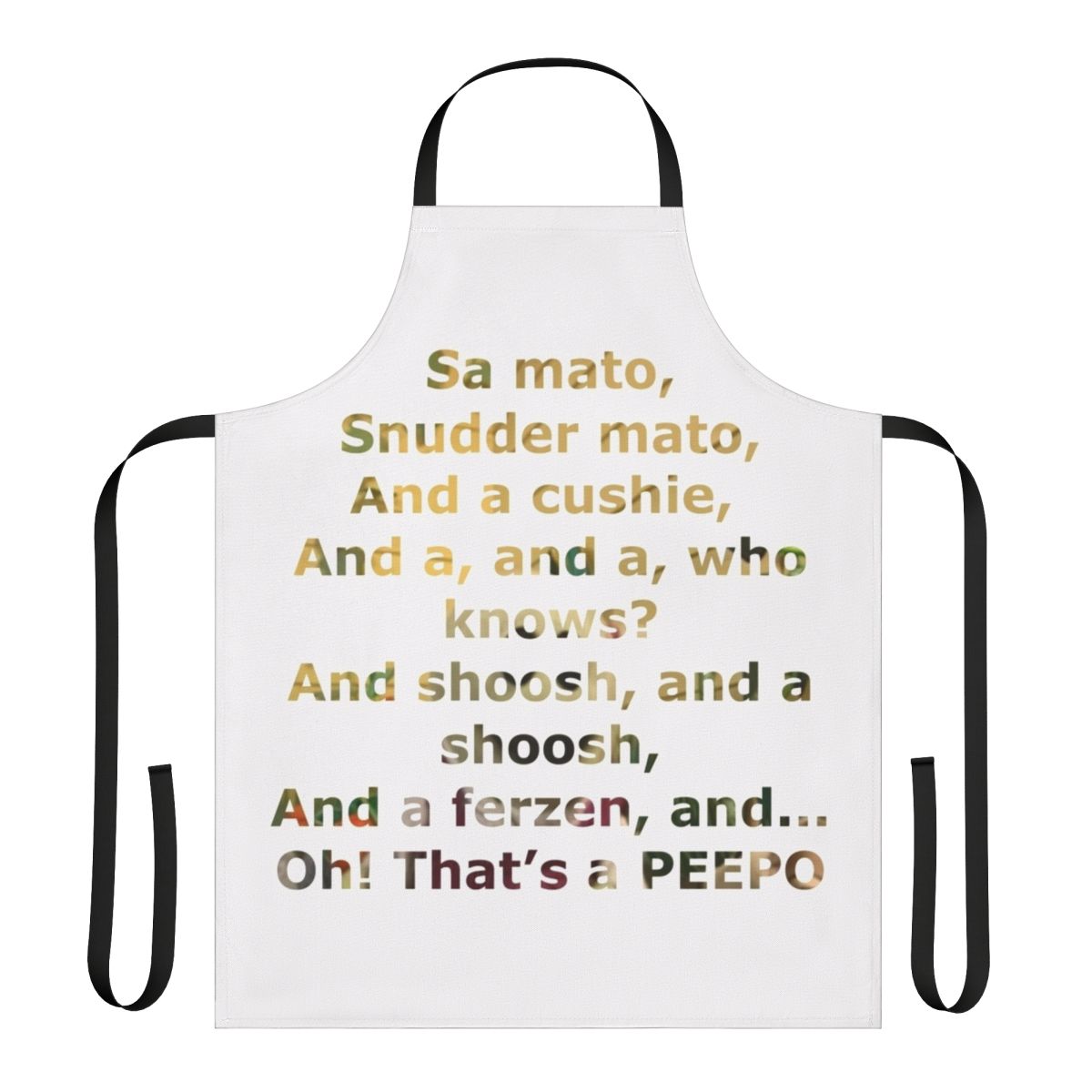 Peepo-themed apron with playful cartoon character design