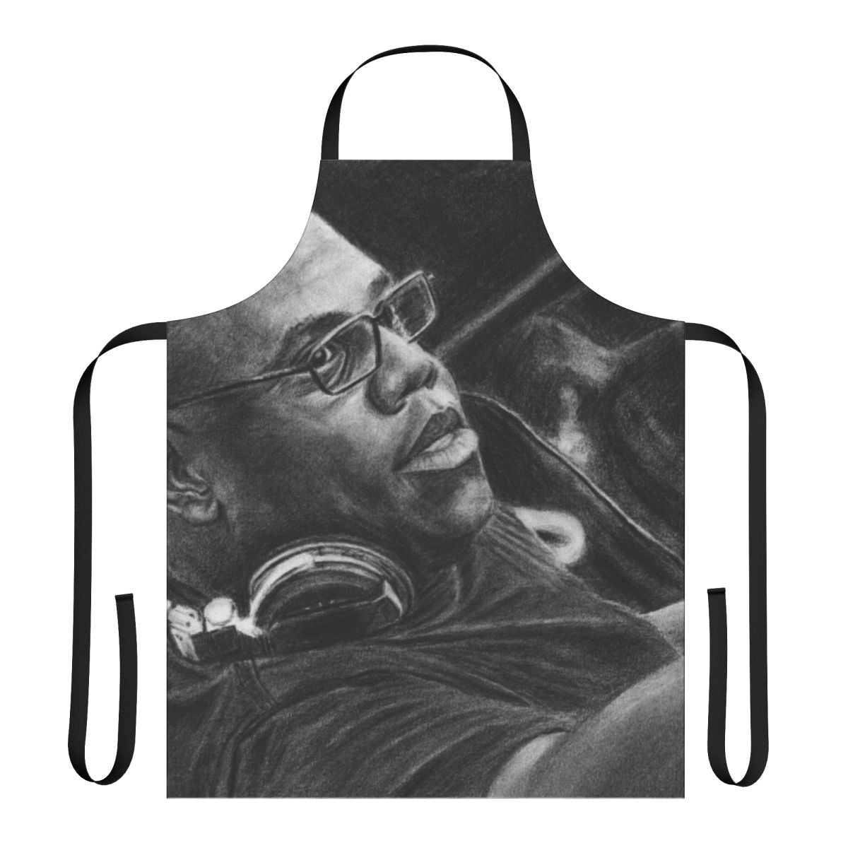 Apron featuring a pencil drawing design inspired by music producer Carl Cox