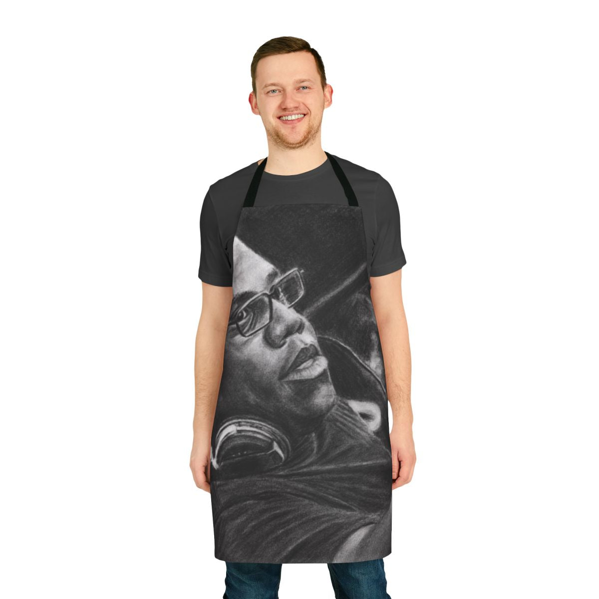 Apron featuring a pencil drawing design inspired by music producer Carl Cox