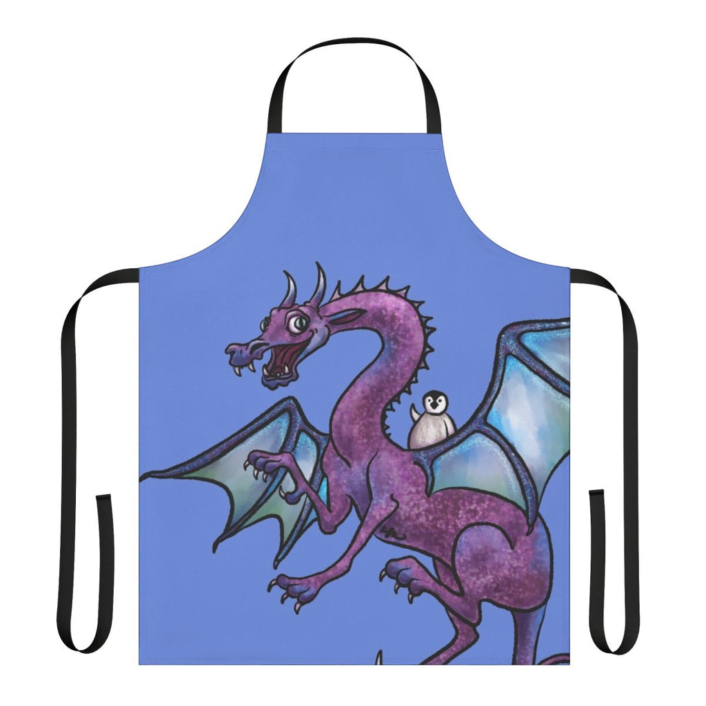 Penguin and dragon in flight, wearing capes, on a purple and blue apron