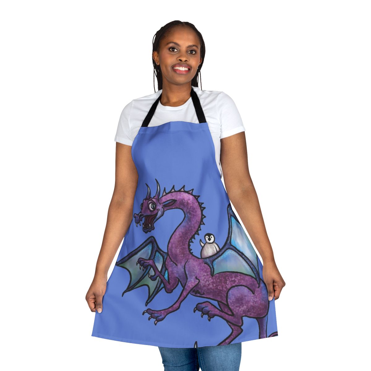 Penguin and dragon in flight, wearing capes, on a purple and blue apron