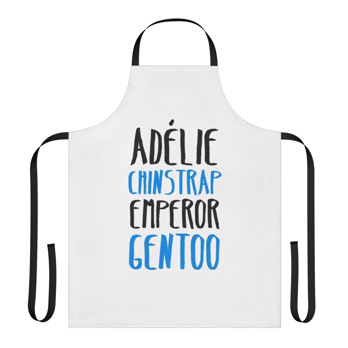 Penguin-themed apron featuring adélie, chinstrap, emperor, and gentoo penguins