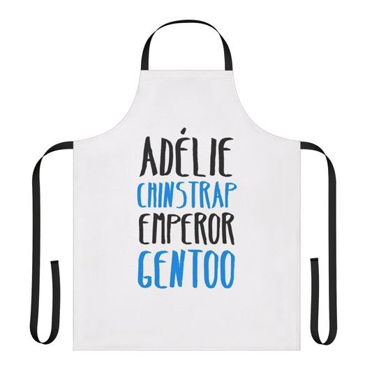 Penguin-themed apron featuring adélie, chinstrap, emperor, and gentoo penguins
