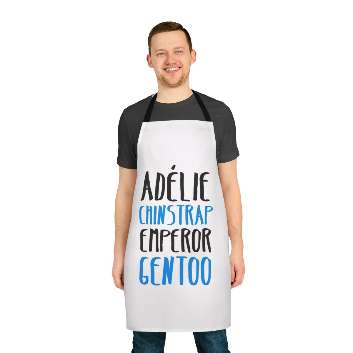 Penguin-themed apron featuring adélie, chinstrap, emperor, and gentoo penguins