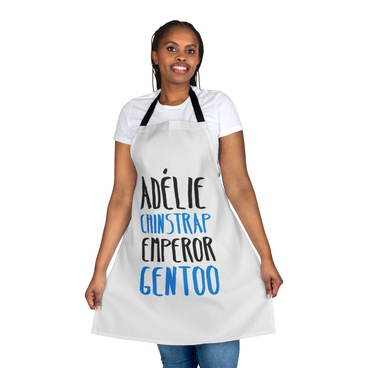 Penguin-themed apron featuring adélie, chinstrap, emperor, and gentoo penguins