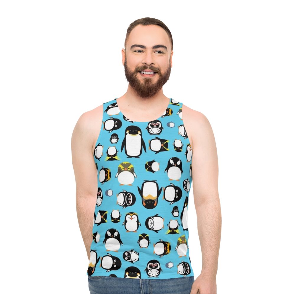 Unisex tank top featuring different penguin species