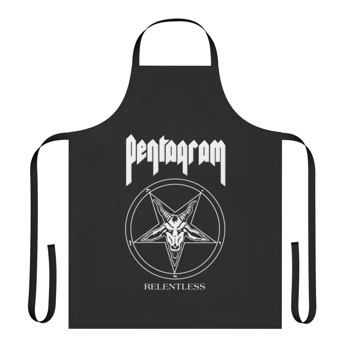 Pentagram-inspired metal apron with band logo and 'Relentless' text
