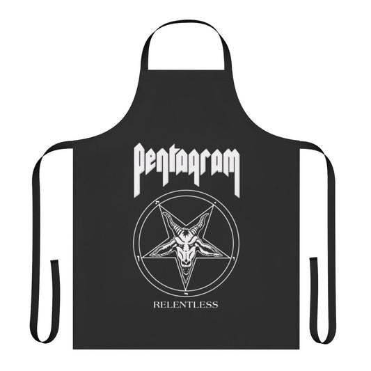 Pentagram-inspired metal apron with band logo and 'Relentless' text