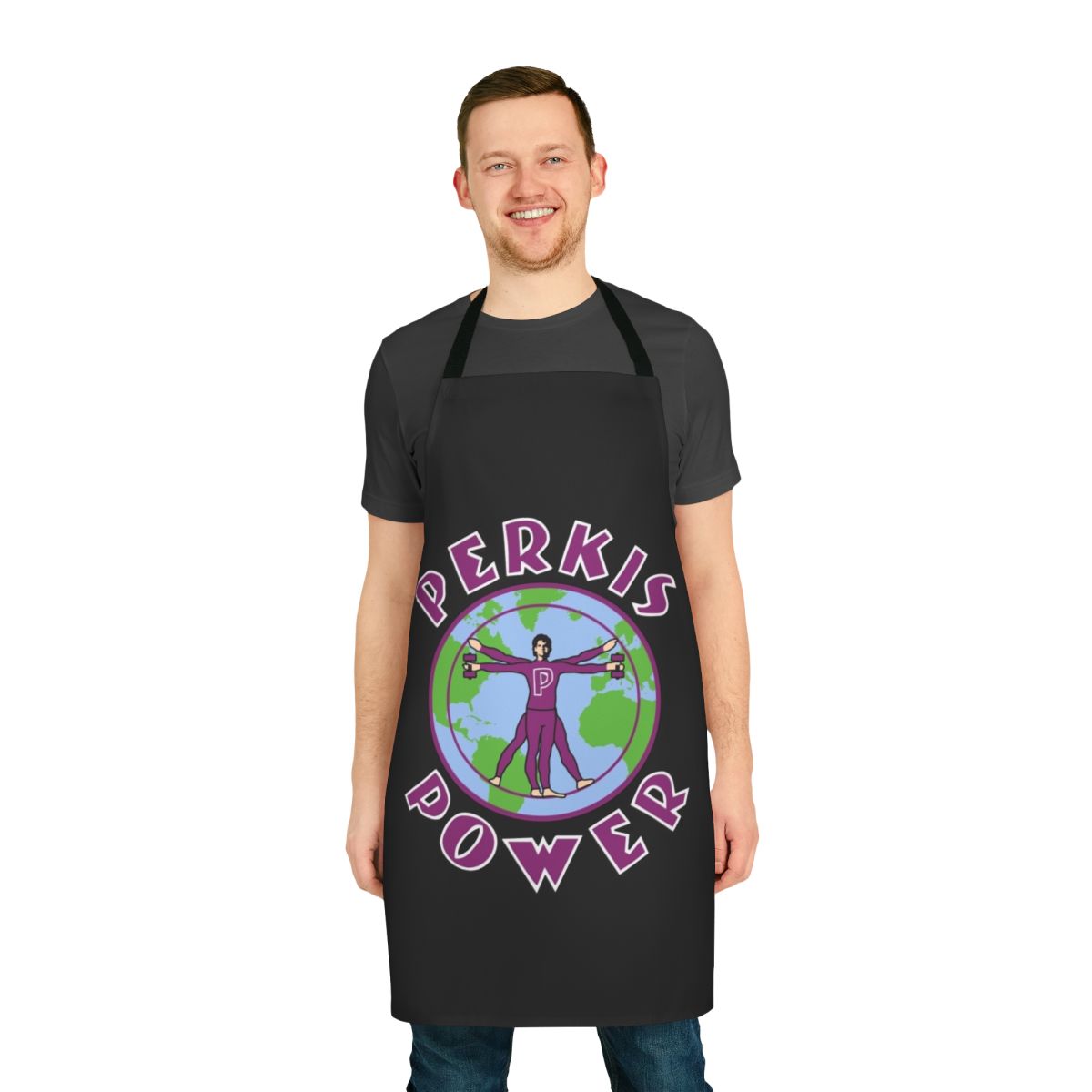 Perkis Power-Inspired Cooking Apron with Retro 90s Comedy Style Graphics
