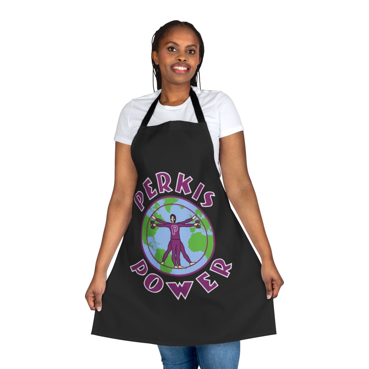 Perkis Power-Inspired Cooking Apron with Retro 90s Comedy Style Graphics