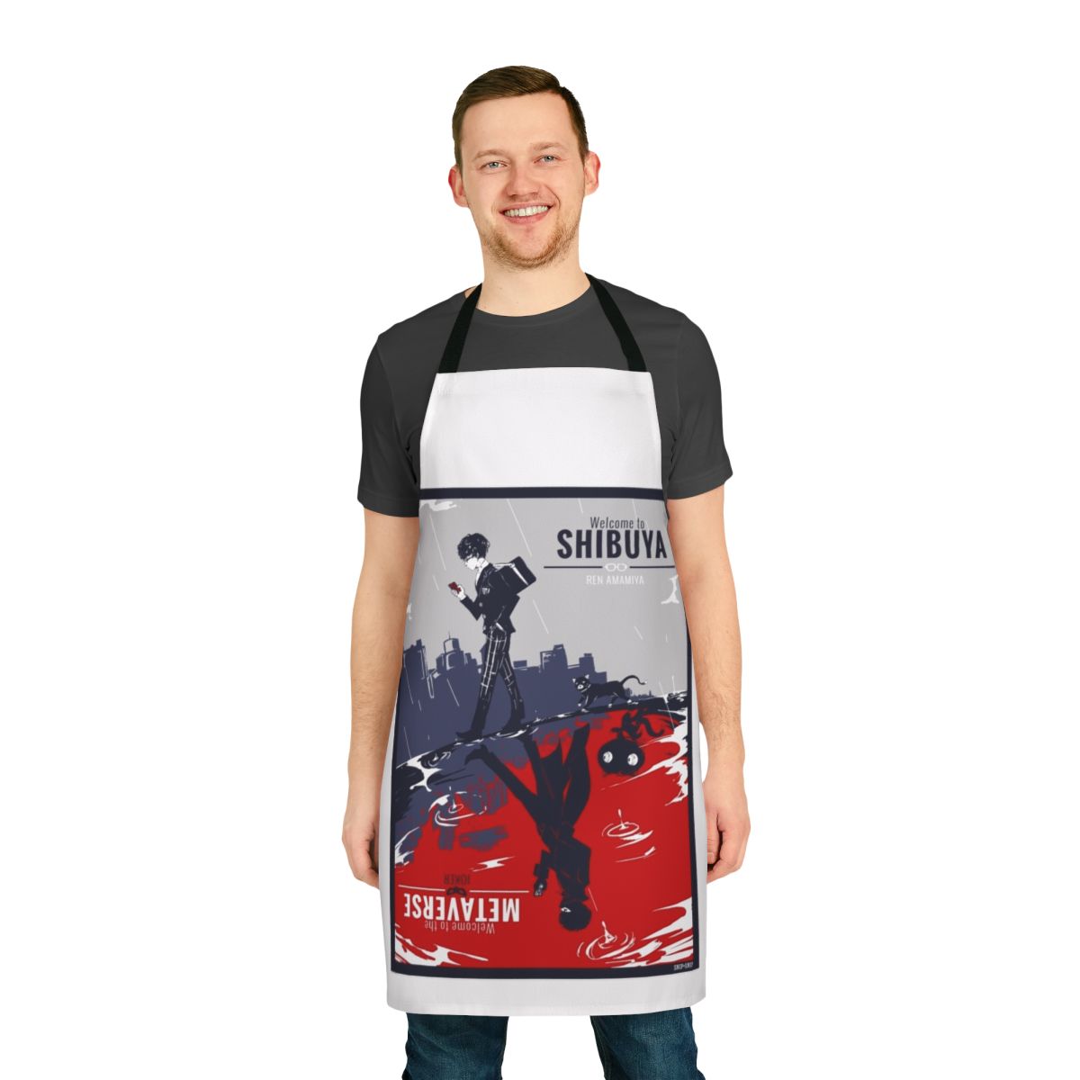 Persona-inspired apron featuring Metaverse imagery and characters