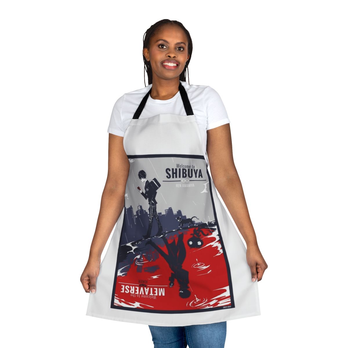 Persona-inspired apron featuring Metaverse imagery and characters