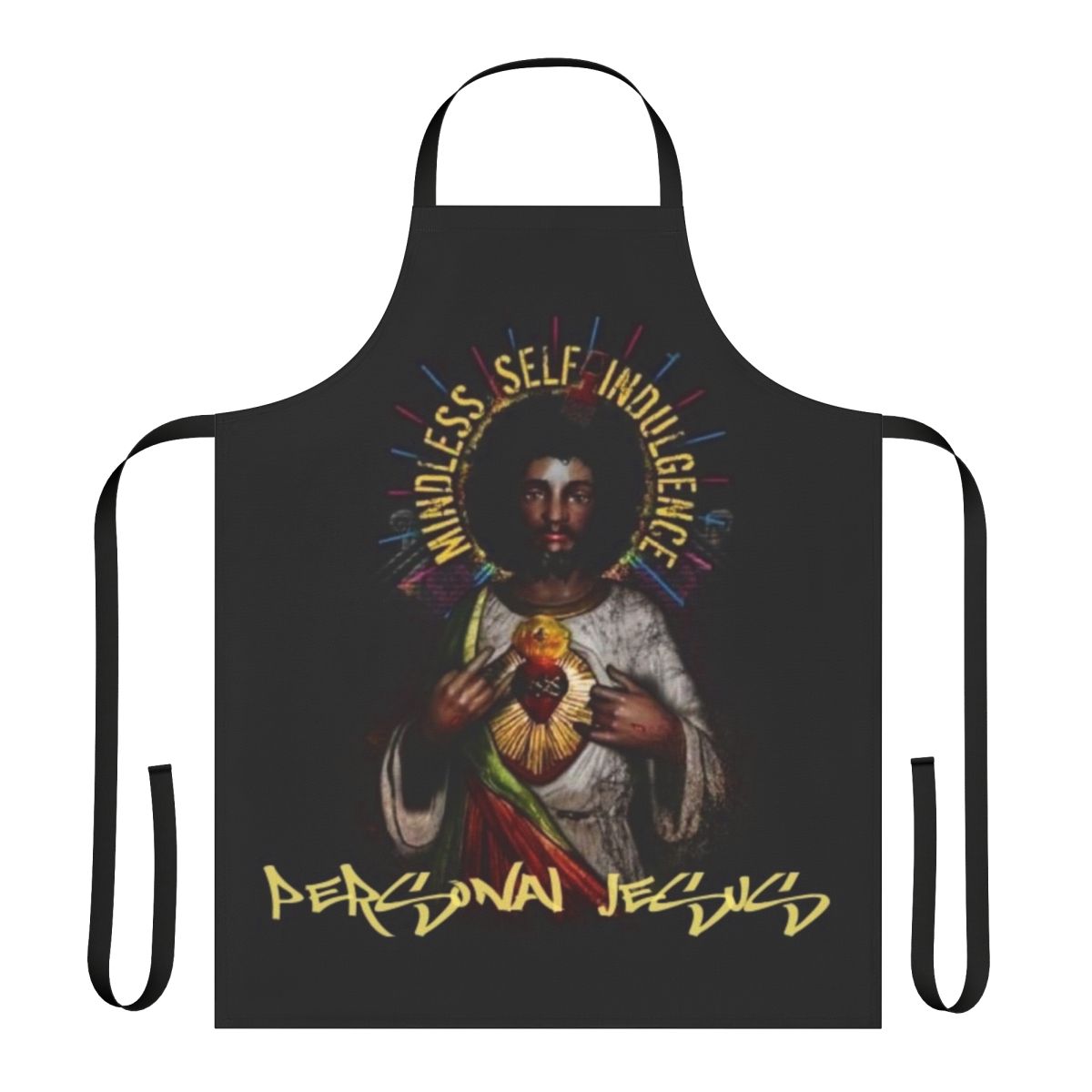 Apron featuring a personal jesus inspired design, perfect for fans of the band Mindless Self Indulgence
