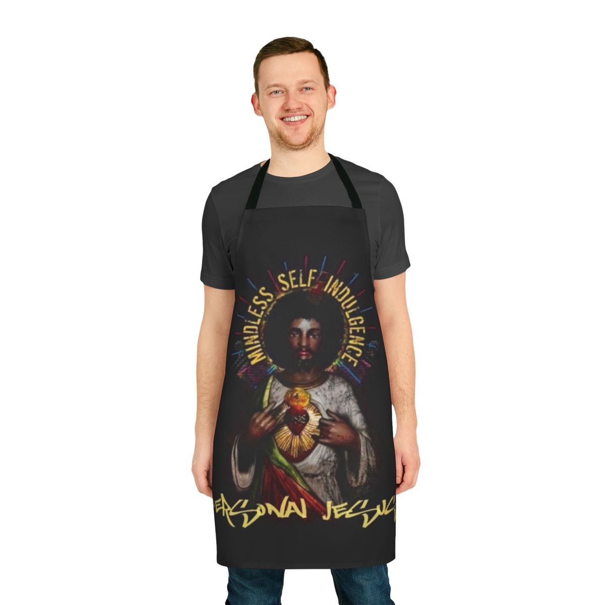 Apron featuring a personal jesus inspired design, perfect for fans of the band Mindless Self Indulgence