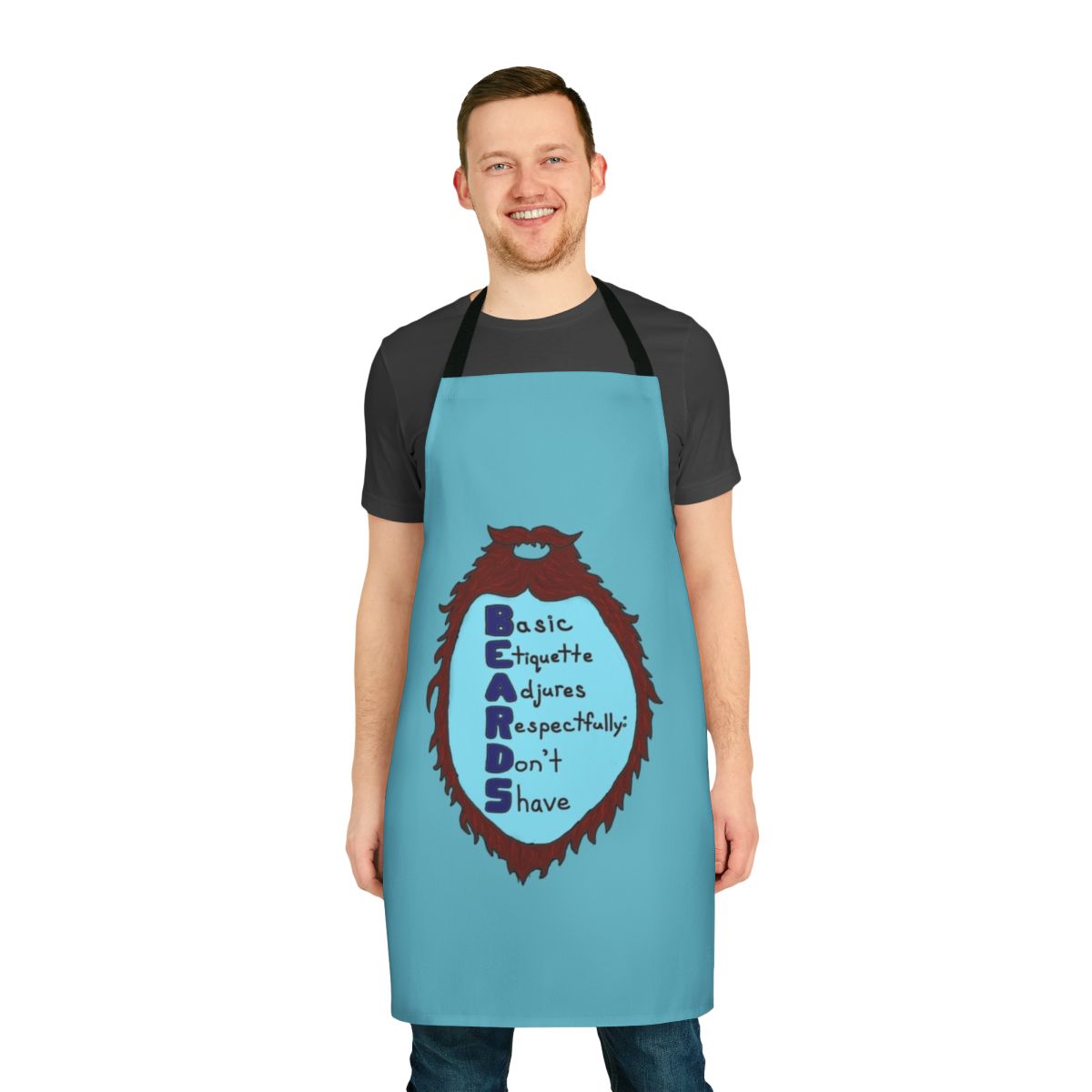 Stylish apron featuring a beard-themed acrostic design, perfect for men with facial hair.