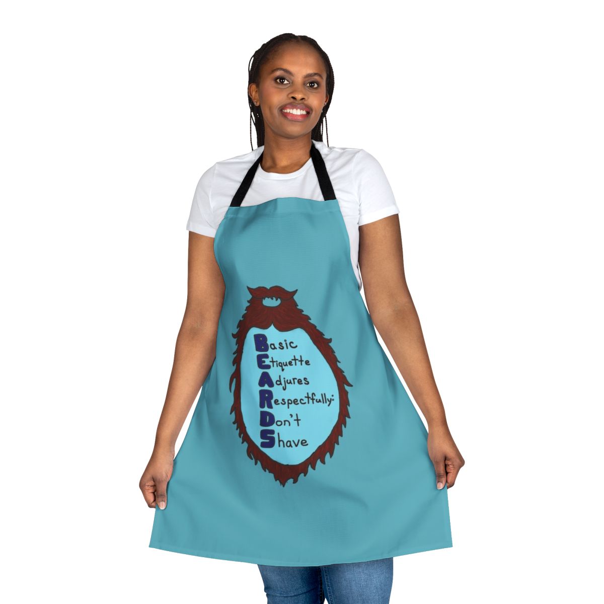 Stylish apron featuring a beard-themed acrostic design, perfect for men with facial hair.