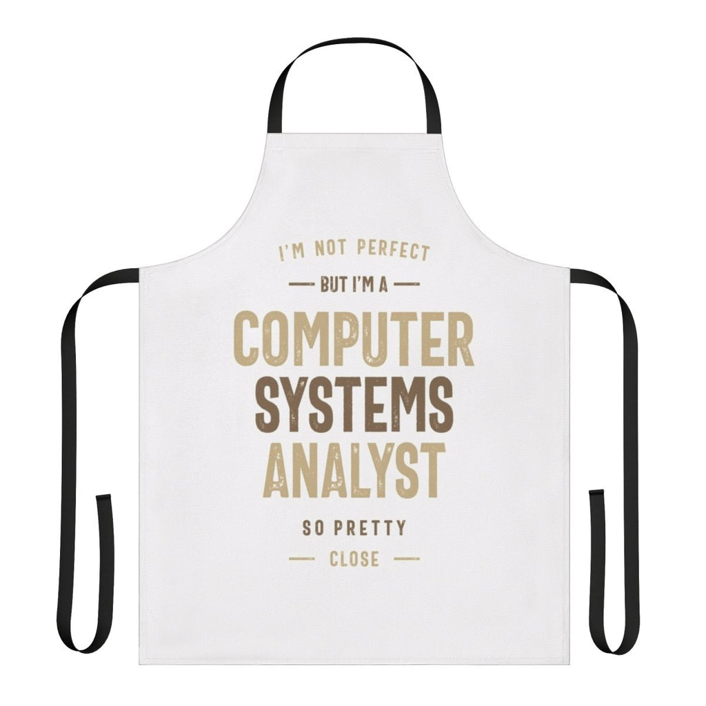 Computer systems analyst holding a clipboard wearing a custom designed apron