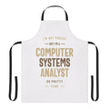 Computer systems analyst holding a clipboard wearing a custom designed apron