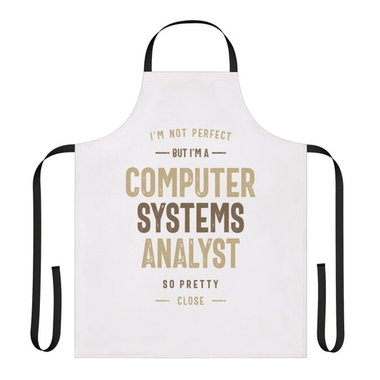 Computer systems analyst holding a clipboard wearing a custom designed apron