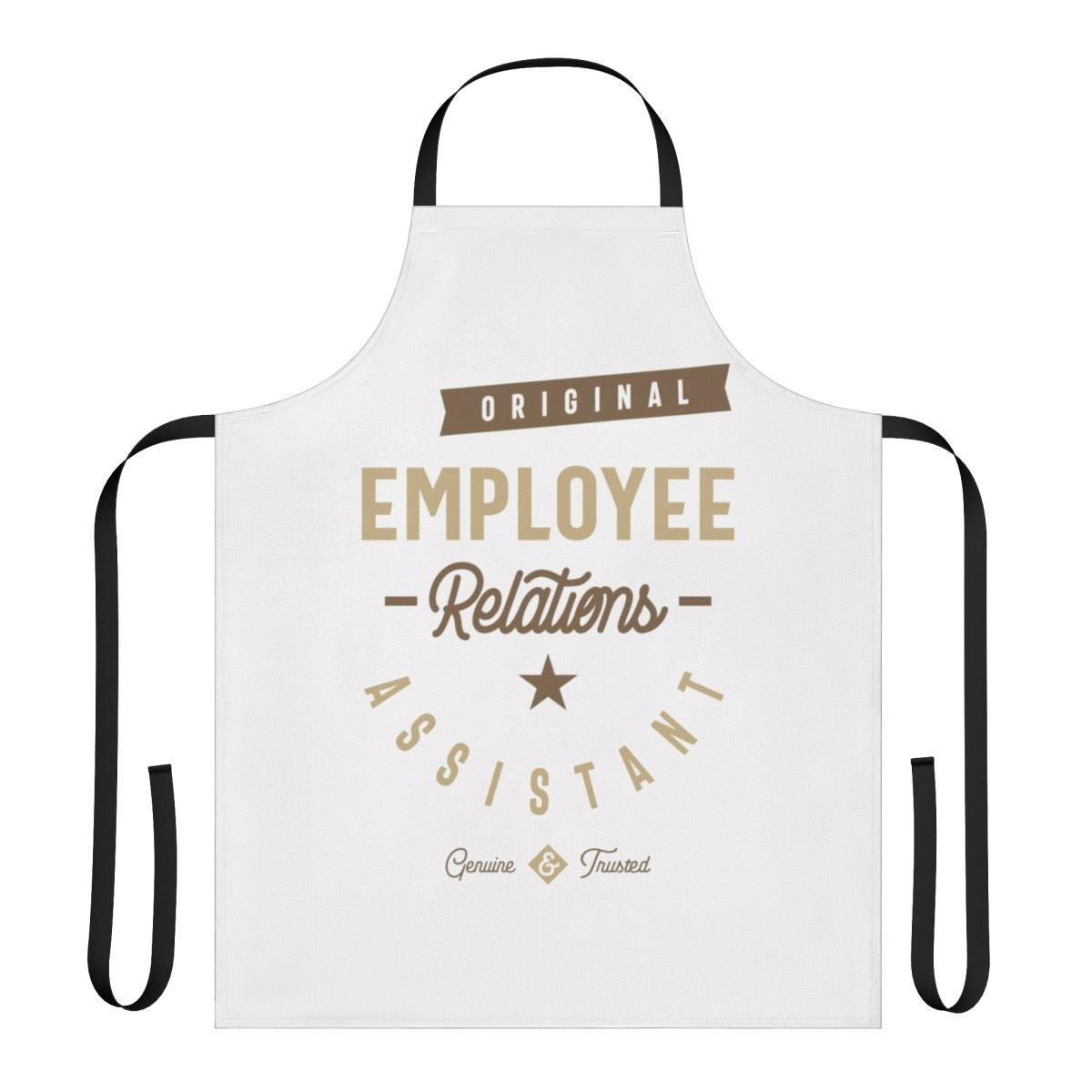 A gray apron with the text "Employee Relations Assistant" in a stylized typography design.