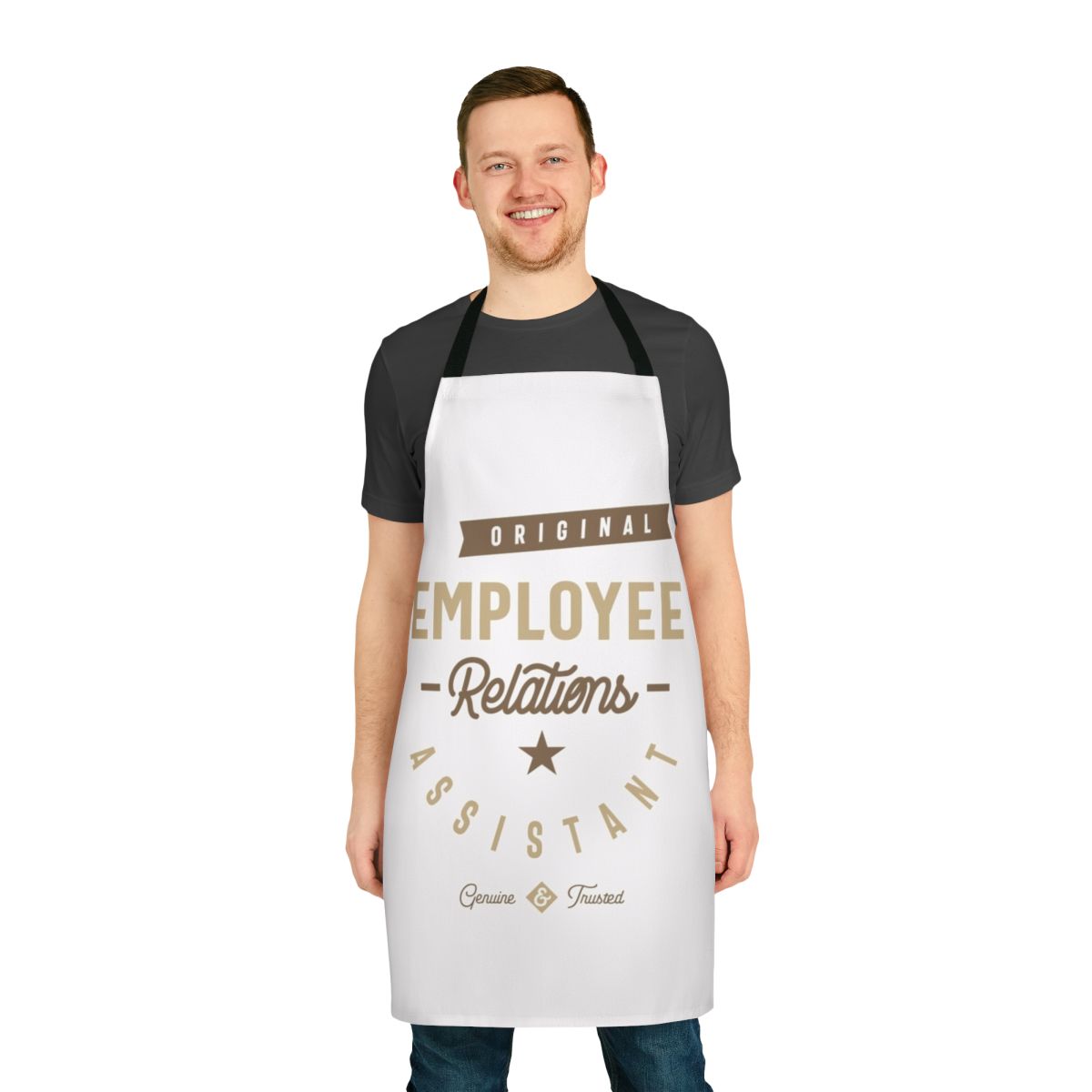 A gray apron with the text "Employee Relations Assistant" in a stylized typography design.