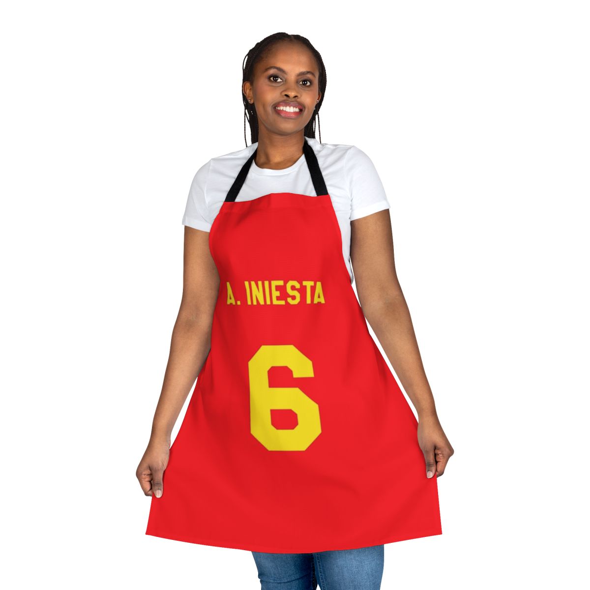 Personalized football-themed apron with an Iniesta design