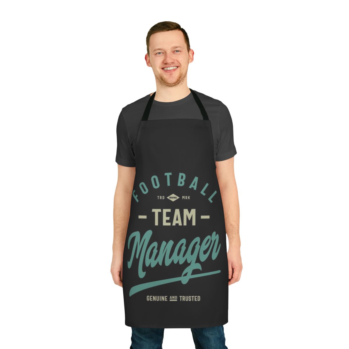 Black and white striped apron with "Football Team Manager" text