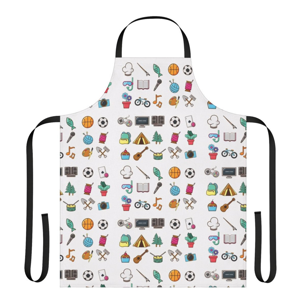 Hobbies Sticker Apron featuring various hobby icons for self-care, cooking, gardening, and more.