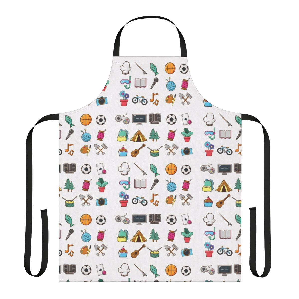 Hobbies Sticker Apron featuring various hobby icons for self-care, cooking, gardening, and more.