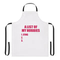 Personalized hobby apron with a list of hobbies printed on the front
