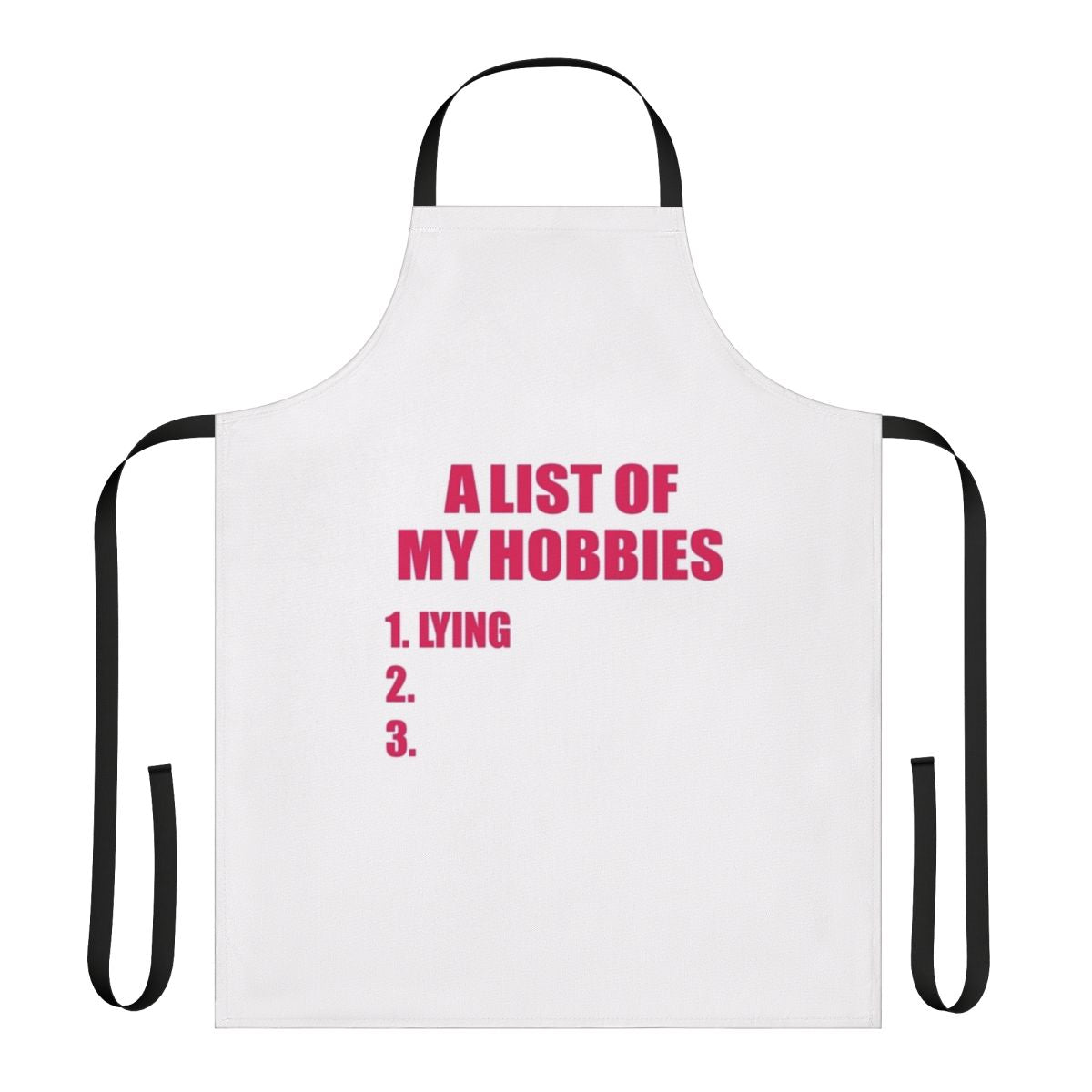 Personalized hobby apron with a list of hobbies printed on the front