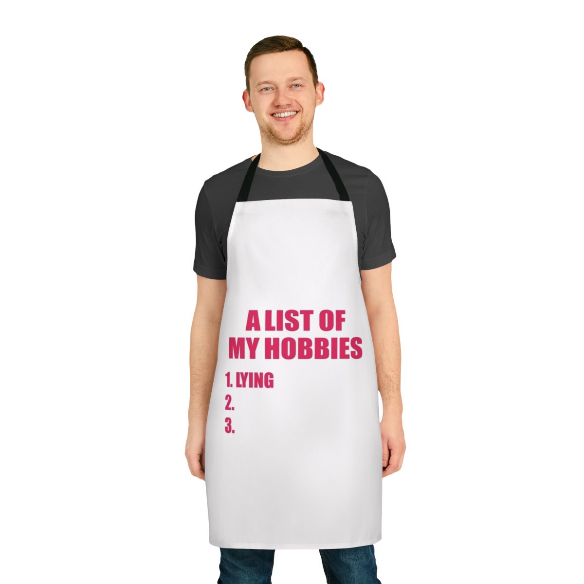 Personalized hobby apron with a list of hobbies printed on the front