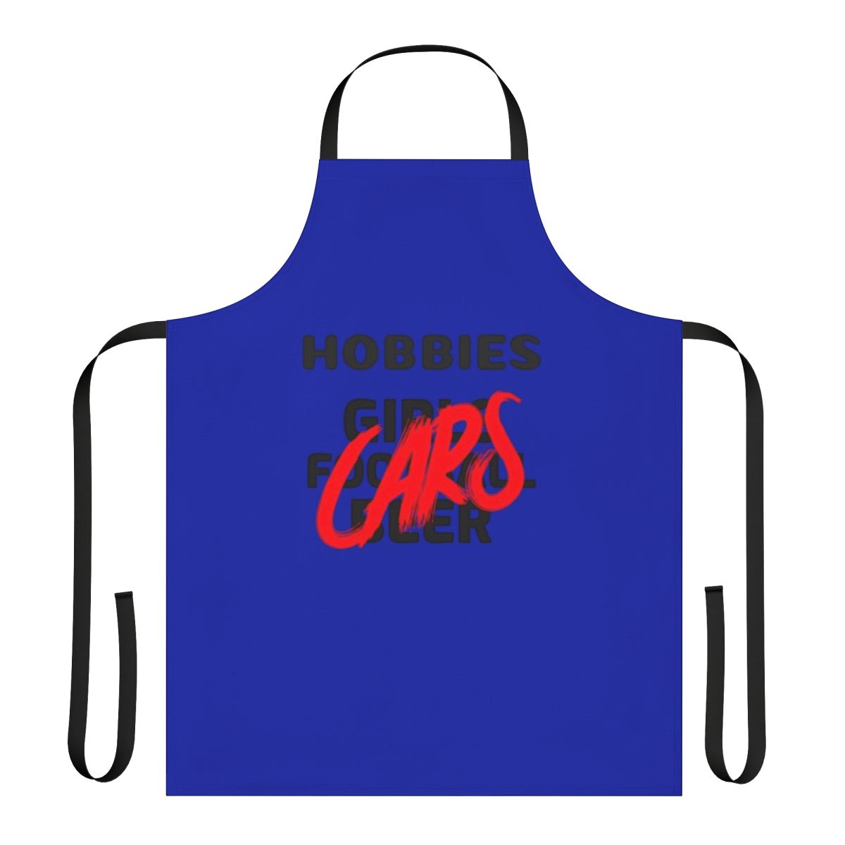 Apron featuring a variety of men's hobby icons and interests like cars, sports, and leisure activities.