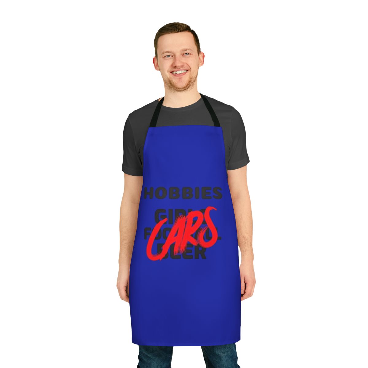 Apron featuring a variety of men's hobby icons and interests like cars, sports, and leisure activities.