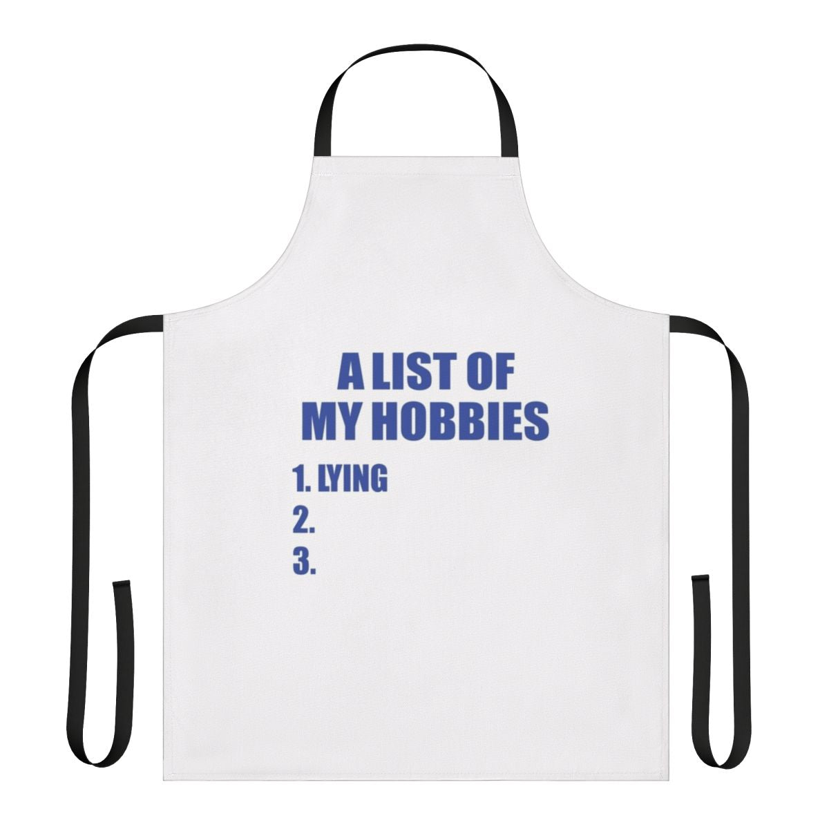 A personalized apron featuring a list of hobbies
