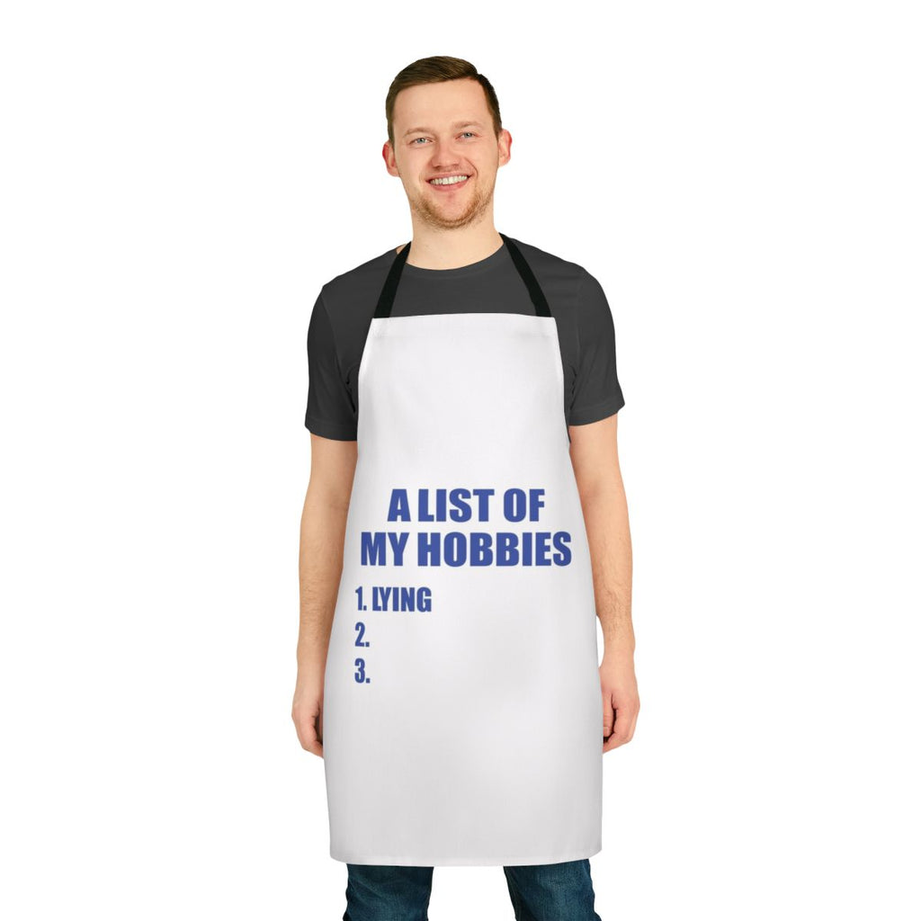 A personalized apron featuring a list of hobbies